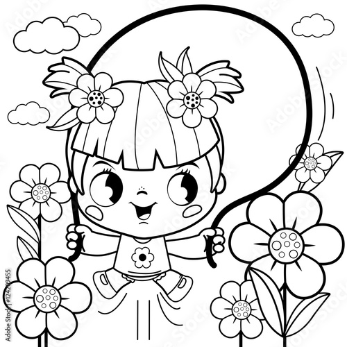 Girl playing in the flower garden. Vector black and white coloring page.