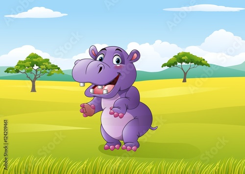Cartoon funny hippo in the jungle    