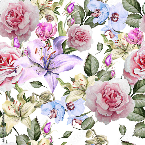 Pattern with watercolor realistic roses, lily and orchids. Illustration.