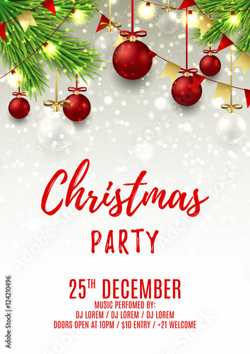Christmas party flyer template. Elegant vector illustration with glass toys. Beautiful background with shining lights. Design of invitation to night club.