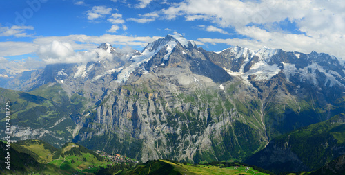Panorama view of the famous peaks  Eiger  Monch and Jungfrau of