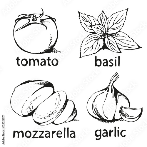Pizza Margherita ingredients set isolated on white background