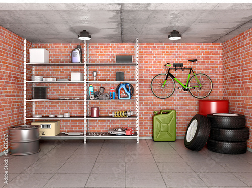 Fotografie, Tablou Interior garage with tools, equipment and wheels. 3d illustratio