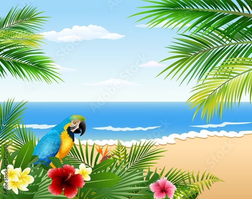 Card with tropical beach  tropical plants and parrot    