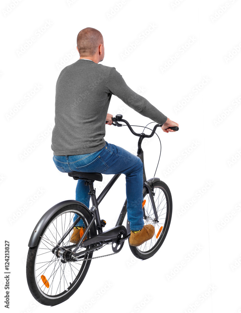 back view of a man with a bicycle. cyclist rides a bicycle. Rear view people collection. backside view of person. Isolated over white background. back view of a man with a bicycle. cyclist rides a bicycle. Rear view people collection. backside view of person. Isolated over white background.