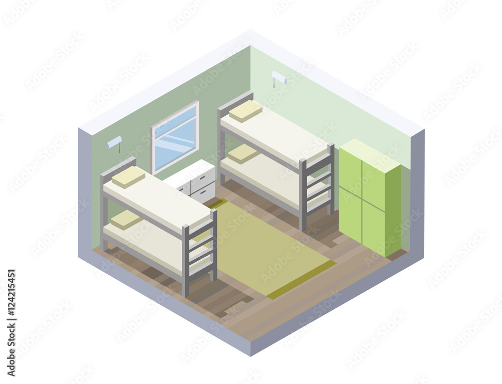 Fototapeta premium Vector Isometric illustration of hostel room. Flat 3d. Interior design. Cheap hotel icon.