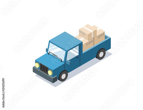 Vector isometric blue wagon car with boxes, minivan, trucks for cargo transportation, delivery car icon, 3D flat business illustration