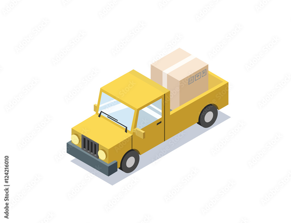 Vector isometric yellow wagon car with boxes, minivan, trucks for cargo transportation, delivery car icon, 3D flat business illustration Vector isometric yellow wagon car with boxes, minivan, trucks for cargo transportation, delivery car icon, 3D flat business illustration