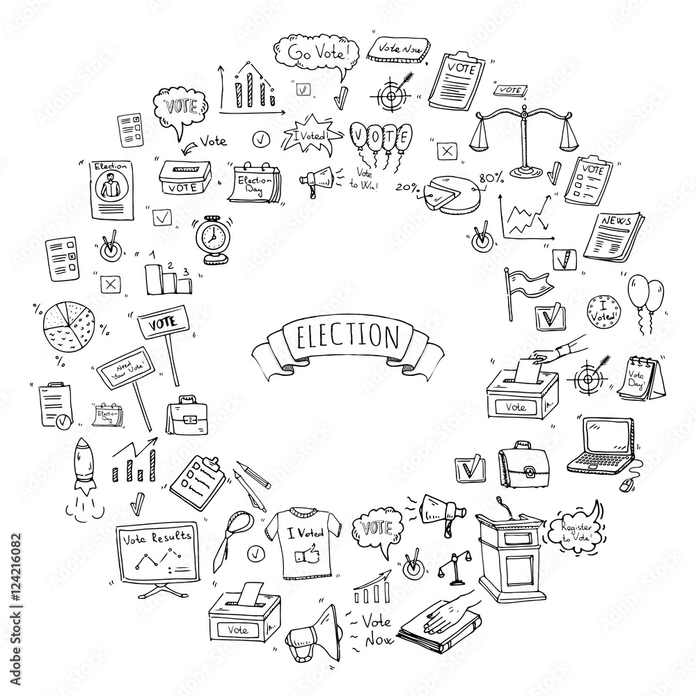 Hand drawn doodle Vote icons set. Vector illustration. Election symbols collection. Cartoon various voting elements: hand putting paper in the ballot box, speaker, scale, calendar, infographics, case.
