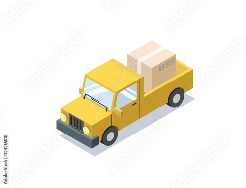 Vector isometric yellow wagon car with boxes, minivan, trucks for cargo transportation, delivery car icon, 3D flat business illustration
