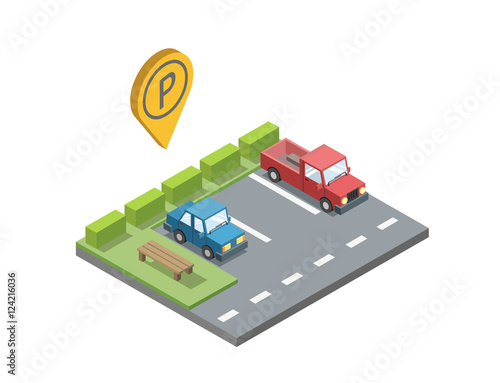 Vector isometric car parking place with bench and trash can, blue car, parking geotag sign, modern 3D flat icon, for the disabled.