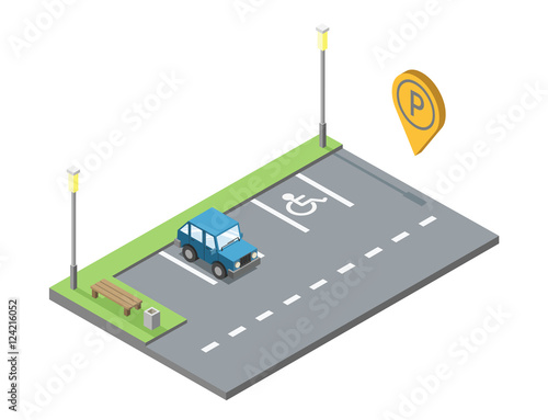 Vector isometric car parking place with bench and trash can, blue car, parking geotag sign, modern 3D flat icon, for the disabled.