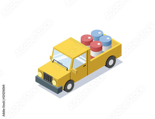 Vector isometric yellow wagon car with blue barrels, minivan, trucks for cargo transportation, delivery car icon, 3D flat business illustration