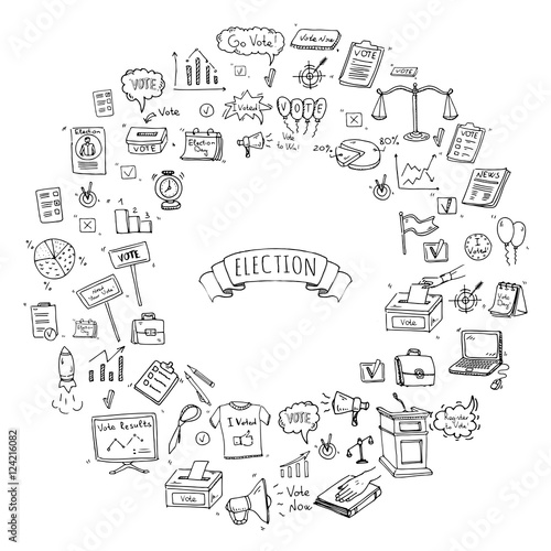 Hand drawn doodle Vote icons set. Vector illustration. Election symbols collection. Cartoon various voting elements: hand putting paper in the ballot box, speaker, scale, calendar, infographics, case.