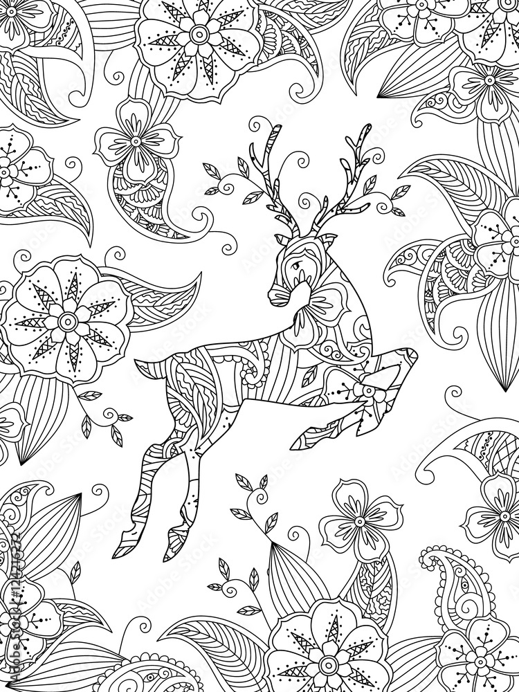 Naklejka premium Coloring page with running deer and floral background. Vertical composition.