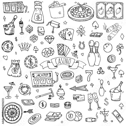 Hand drawn doodle set of Casino icons. Vector illustration set. Cartoon Gambling symbols. Sketchy game elements collection: bet, jackpot, cards, chips, coins, darts, roulette, poker, money, slot.
