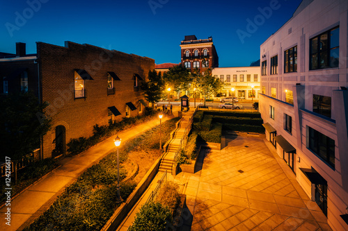 View of park and buildings at night, in downtown Rock Hill, Sout