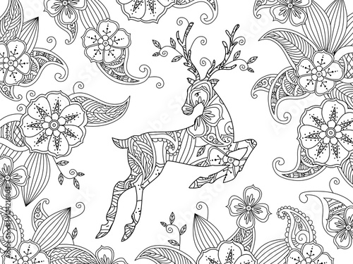 Coloring page with running deer and floral background. Horizontal composition.