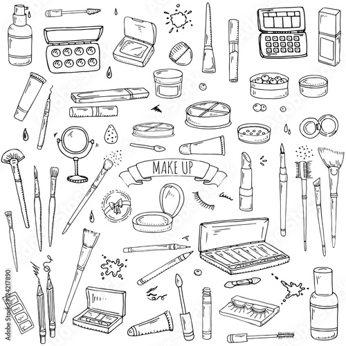 Hand drawn doodle Make up icons set. Vector illustration. Beauty symbols collection. Cartoon face care concept element: powder, mascara, pencil, eye liner, foundation, cream, lipstick, blush, cosmetic