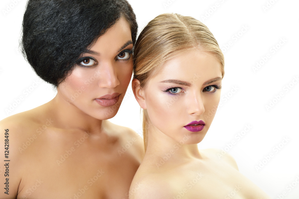 Makeup. Double female portrait. Caucasian blond girl and beautif