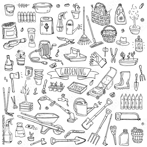 Hand drawn doodle set of Gardening icons. Vector illustration set. Cartoon Garden symbols. Sketchy elements collection: lawnmower, trimmer, spade, fork, rake, hoe, trug, wheelbarrow, hose reel.