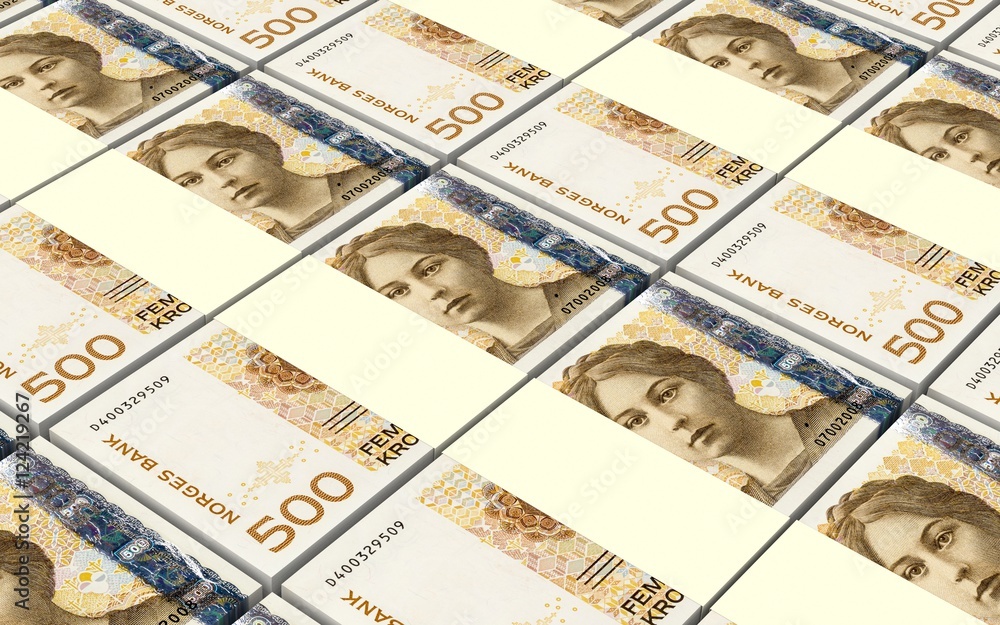Norwegian krone bills stacks background. 3D illustration.