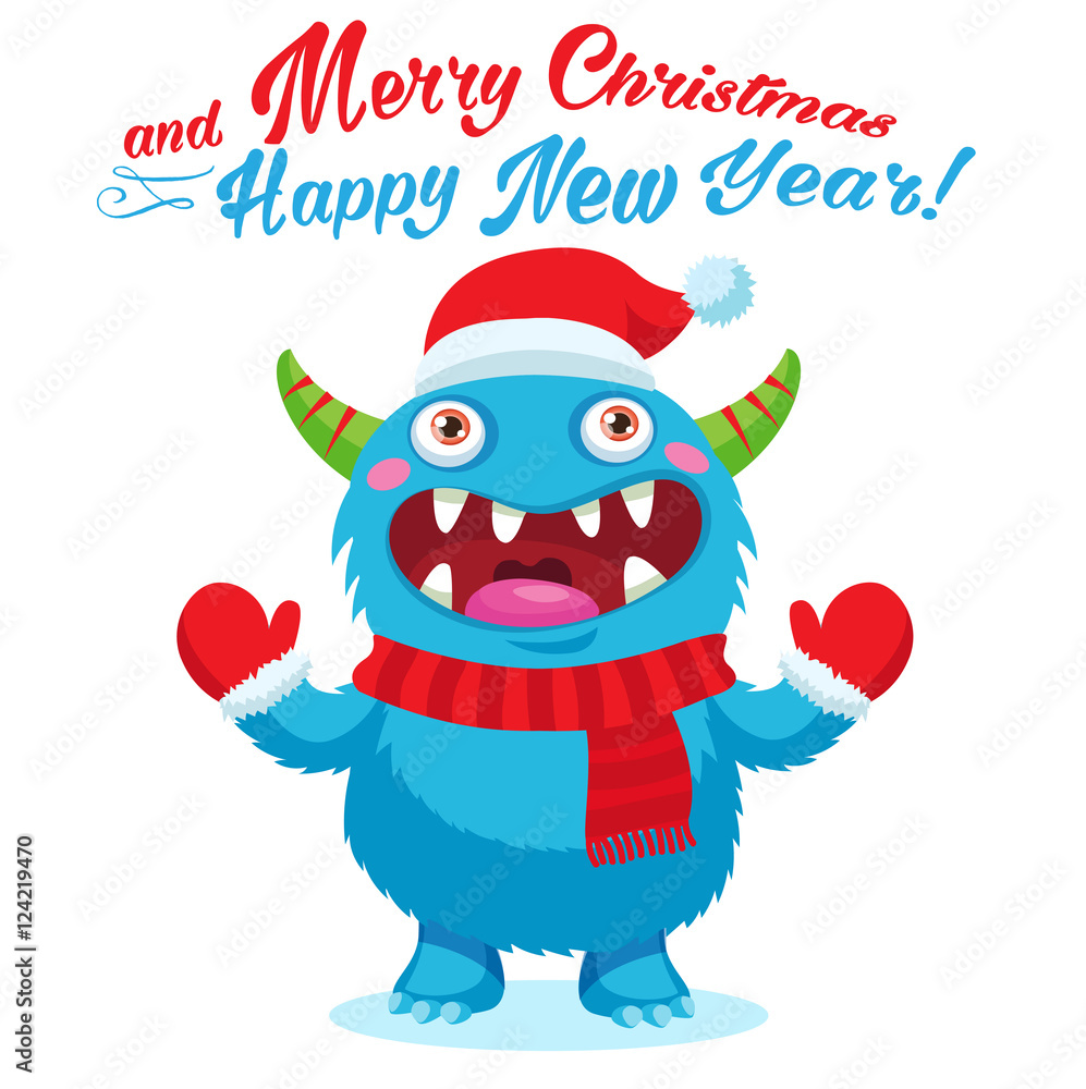 Cute Christmas Monster Vector Card. Holiday Cartoon Mascot. Merry  Christmas, Happy New Year Congratulation Decoration Design Element. Good  For Xmas Card, Banner. Stock Vector | Adobe Stock