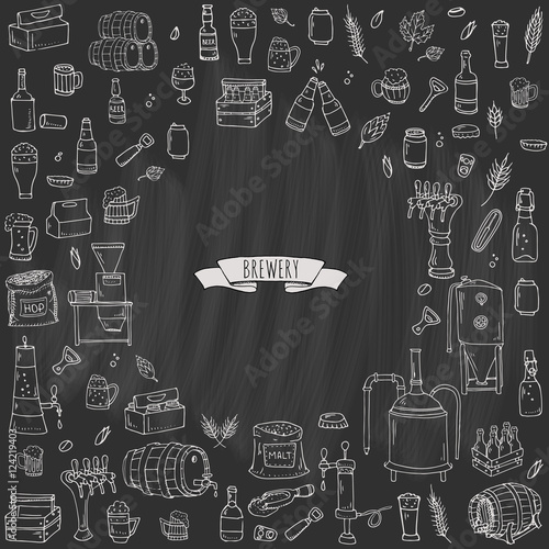 Hand drawn doodle set of Brewery icons. Vector illustration set. Cartoon Craft Beer production symbols. Sketchy brewing elements collection: pub equipment, malt, hop, glass, barrel, mill, beer tap.