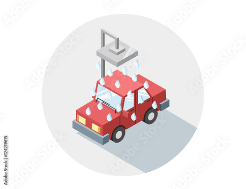 Vector isometric illustration of car wash, 3D flat design icon, auto service symbol, red car taking a shower