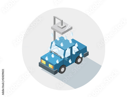 Vector isometric illustration of car wash, 3D flat design icon, auto service symbol, blue car taking a shower
