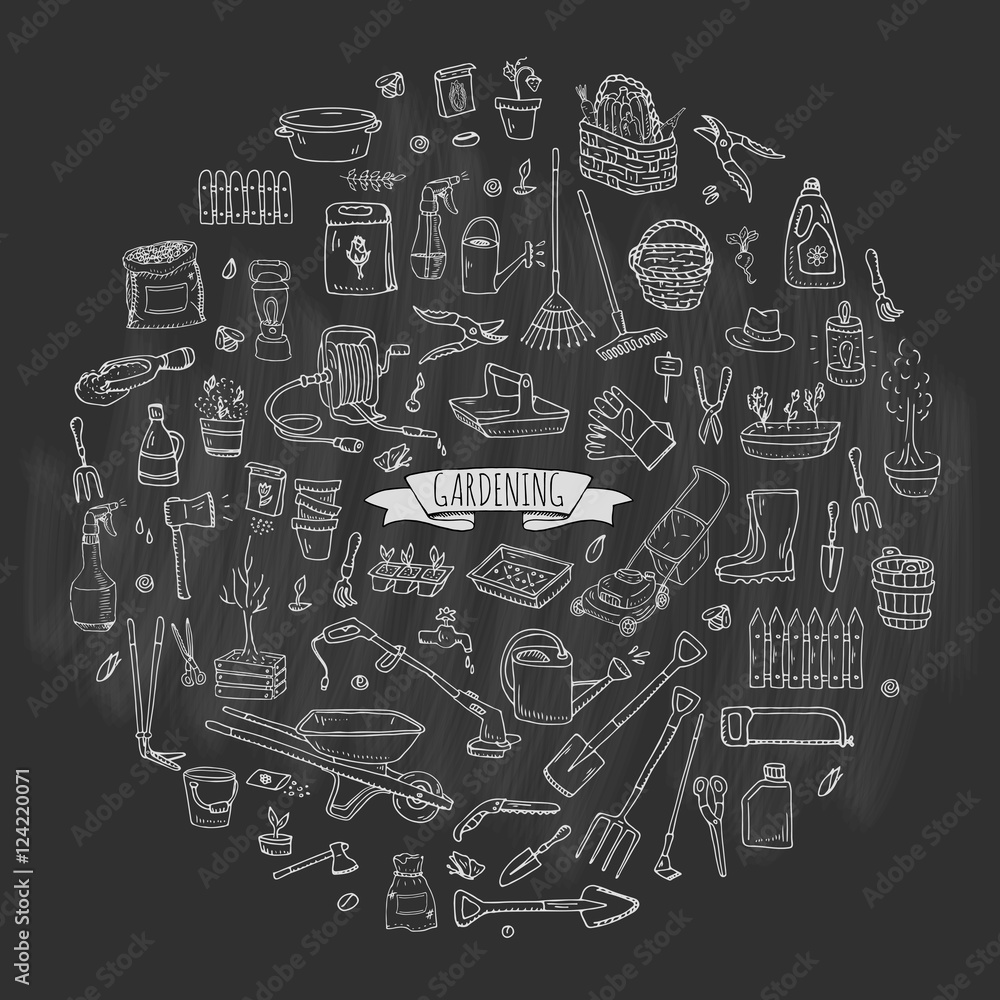 Hand drawn doodle set of Gardening icons. Vector illustration set. Cartoon Garden symbols. Sketchy elements collection: lawnmower, trimmer, spade, fork, rake, hoe, trug, wheelbarrow, hose reel. Hand drawn doodle set of Gardening icons. Vector illustration set. Cartoon Garden symbols. Sketchy elements collection: lawnmower, trimmer, spade, fork, rake, hoe, trug, wheelbarrow, hose reel.