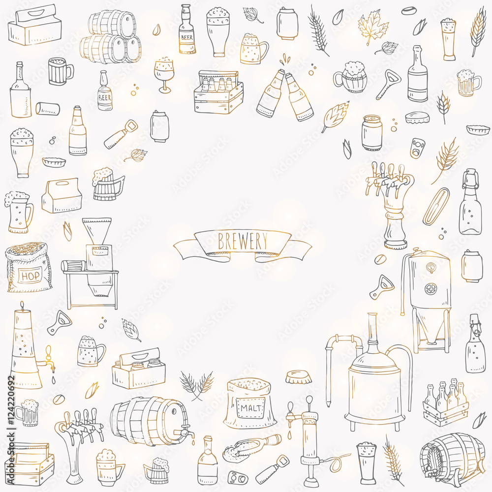 Hand drawn doodle set of Brewery icons. Vector illustration set. Cartoon Craft Beer production symbols. Sketchy brewing elements collection: pub equipment, malt, hop, glass, barrel, mill, beer tap. Hand drawn doodle set of Brewery icons. Vector illustration set. Cartoon Craft Beer production symbols. Sketchy brewing elements collection: pub equipment, malt, hop, glass, barrel, mill, beer tap.
