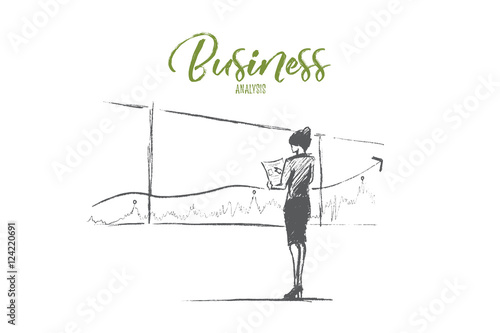 Hand drawn business analysis sketch and success concept. Business woman in office clothes standing and looking at presentation of positive dynamics and business analysis. Lettering Business analysis