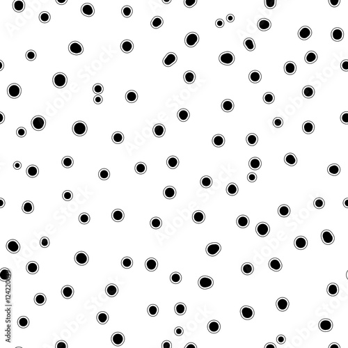 Vector monochrome seamless pattern, hand drawn black dots on white background. Abstract endless texture of molecules, caviar. Design element for fabric, prints, textile, cloth, digital, website. Eps 8