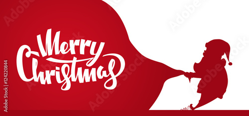 Vector illustration: Design template of banner with Silhouette of Santa Claus pulls a heavy bag full of gifts. Cartoon scene. Handwritten lettering of Merry Christmas.