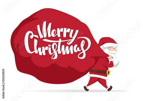 Vector illustration: Santa Claus carries a heavy bag full of gifts. Cartoon scene. Merry Christmas.