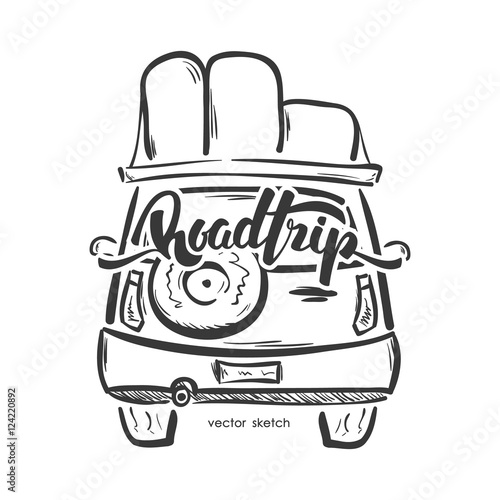 Vector illustration: Hand drawn emblem with travel car and handwritten lettering of Road Trip. Sketch line design.