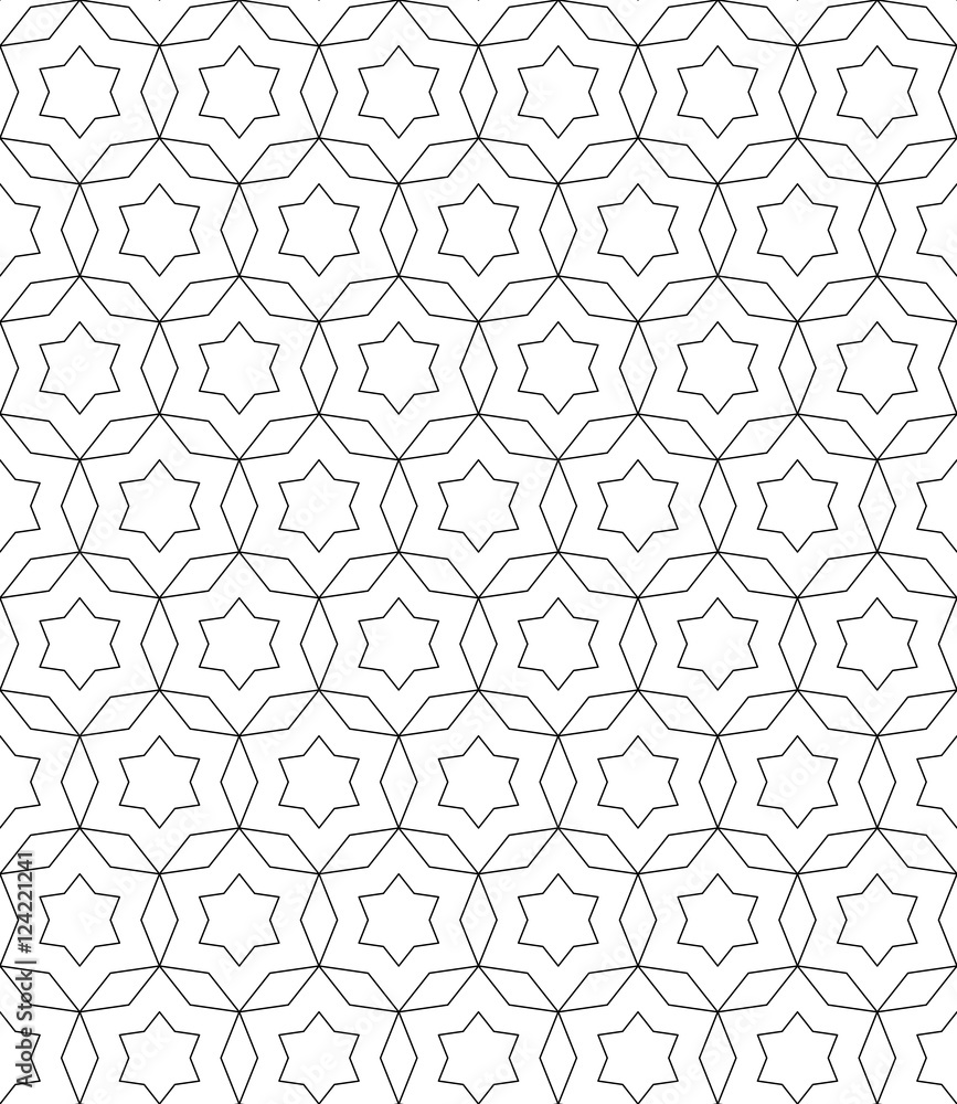 Vector monochrome seamless pattern, subtle ornamental background in oriental style, thin lines, repeat geometric tiles, black & white. Abstract endless texture. Design element for prints, digital, web