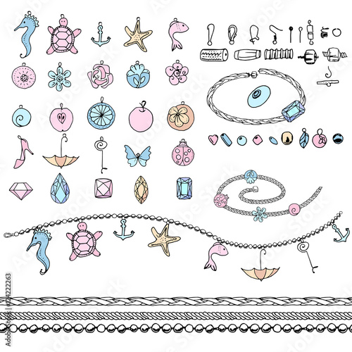 Set with bracelets, beads, chains, woman fashion. Chains are endless, seamless pattern brushes.
