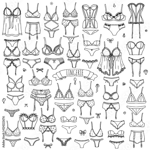 Hand drawn doodle Lingerie icon set. Fashion feminine vector illustration. Sexy lacy woman underwear symbol collection. Cartoon various sketch elements: bra, panties, corset, brassiere, string, bikini