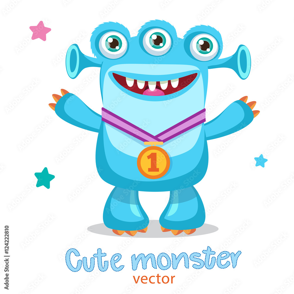 Cute Monster Vector Illustration. Cartoon Winner Monster Mascot. Сhampion  With Medal Vector. Friendly Monster Meme. True Happy Face. Stock Vector |  Adobe Stock