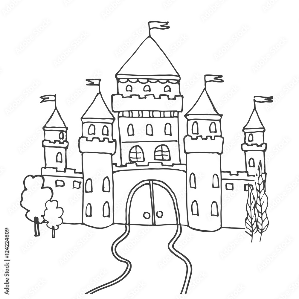 Hand drawn cartoon fairy tale castle icon. Vector illustration. Doodle style Castle for princess. Sketch tree, fairytale, game icon, cute magic kingdom. Old building facade. Tower with flags.