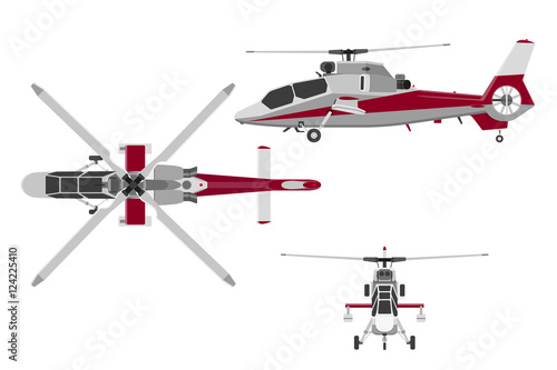 The helicopter in three views: top view, side, front. Realistic