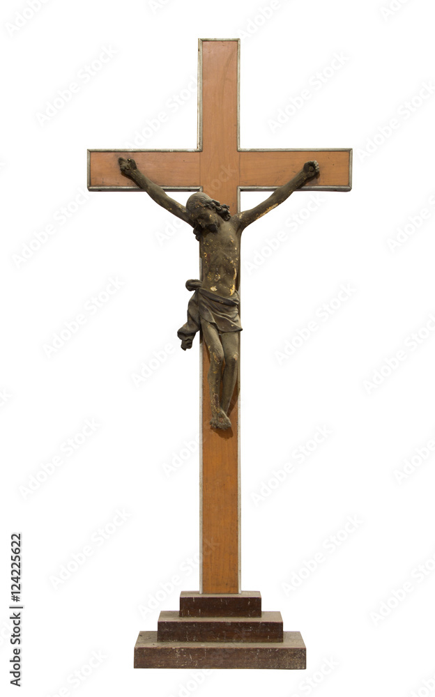 Antique wood crucifix on white background Antique wood crucifix on white background
