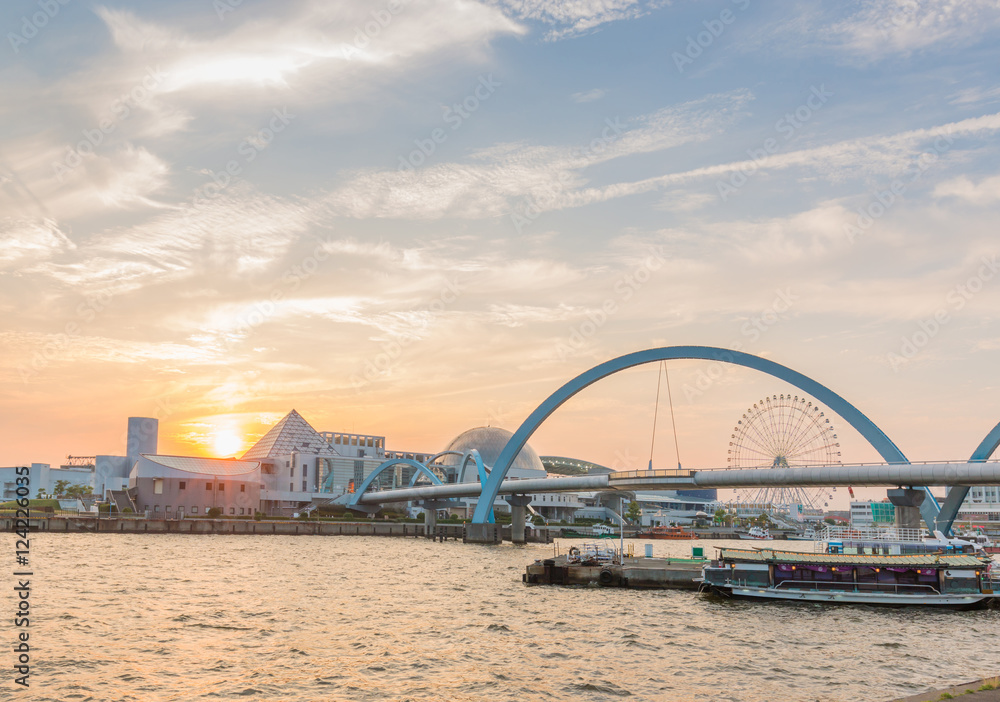 Landscape of wonderful sunset over sea harbor.