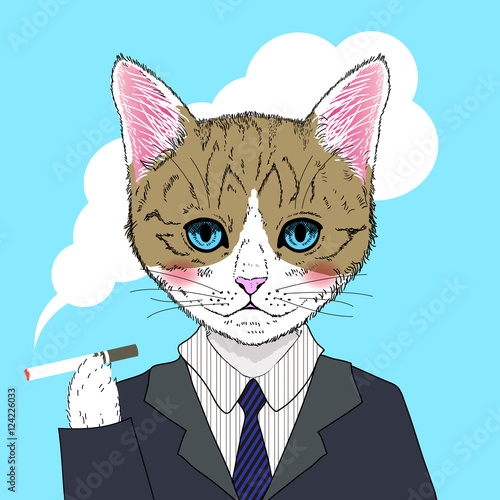 スーツを着て喫煙する猫
