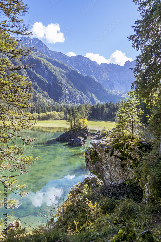 Beautiful mountain lake in autumn, laghi di fusine, italy