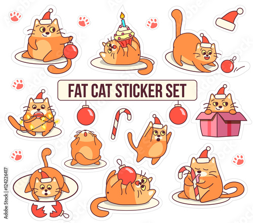 Fat cat sticker set for Christmas and New year holidays. Cartoon style design. Vector illustration with red pet, ornaments, Xmas decorations, candy cane, cake, santa's hat on white background.
