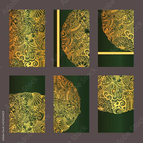 Vector set of ornate vertical vintage cards. Outline golden decor in Eastern style. Template frame for save the date and greeting card, wedding invitation, leaflet, poster. Ornamental border.