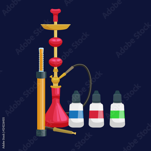 Colorful and modern red hookah isolated with bottled liquid vector illustration